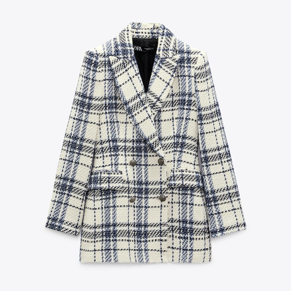 Zara Blue and White Plaid Blazer